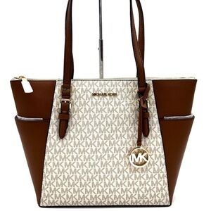 Michael Kors Large Charlotte Tote Bag Luggage Leather Vanilla